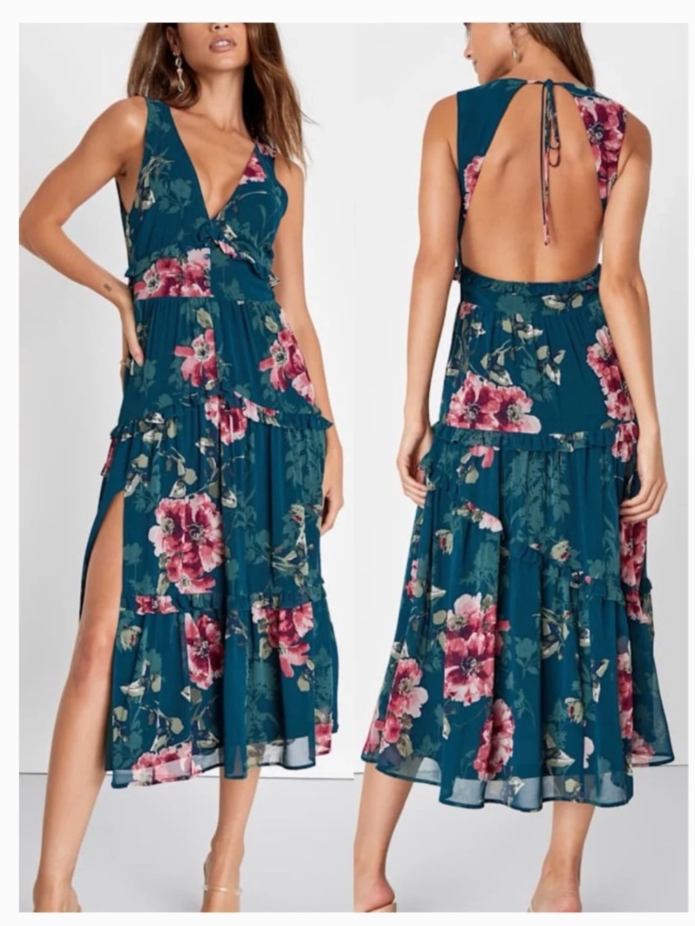 Lulus | Confidently Sweet Emerald Floral Ruffled Backless Midi Dress